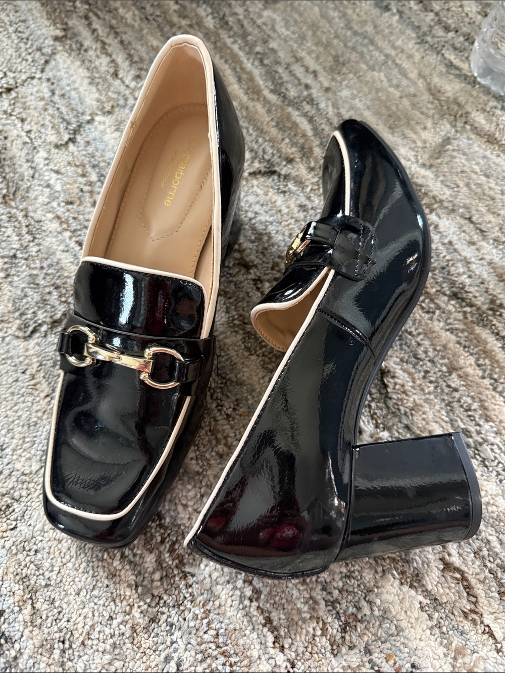 Liz Claiborne Patent Black Block Heel Loafers with Gold Bit Detail
